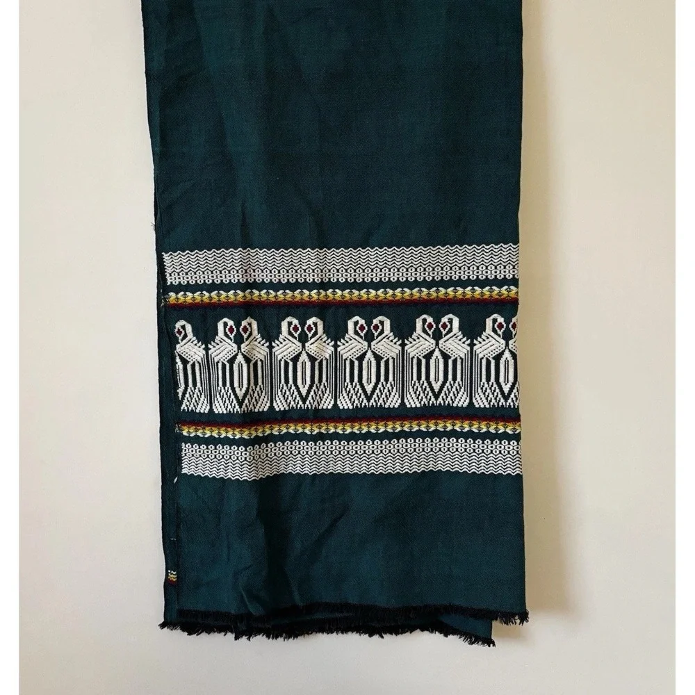 Antique Handwoven Textile Wall Hanging Fringes Swans Geometric Green